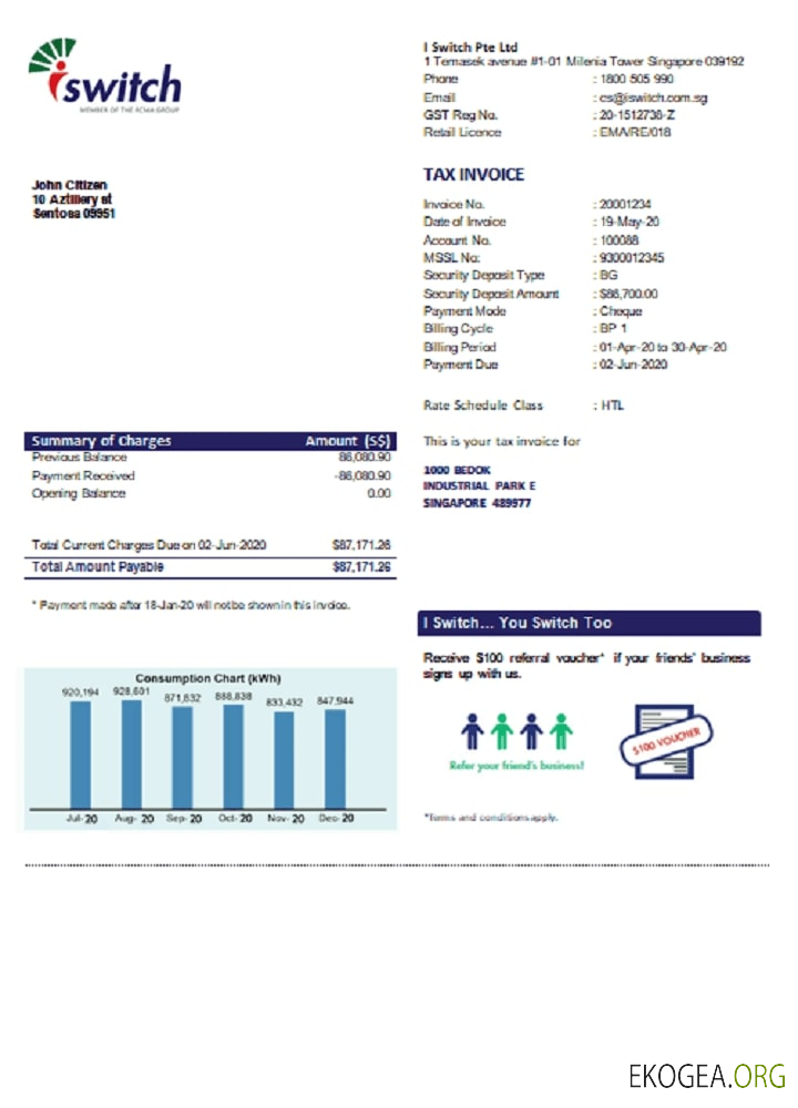 Singapore I Switch electricity utility bill template in Word and PDF format
